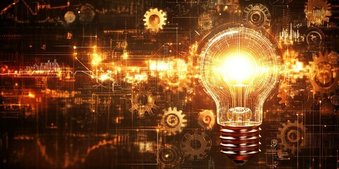 Concept of innovation and technology represented by a glowing light bulb surrounded by gears and circuits in a digital atmosphere