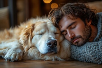 A man and his fluffy dog share a peaceful moment on the floor, filled with care