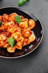 ravioli tomato sauce delicious gourmet food background on the table rustic food top view copy space