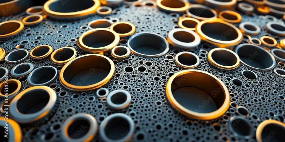 Poster intricate arrangement of circular structures with contrasting metallic and dark textures illuminated