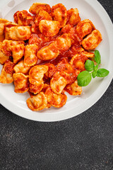 ravioli tomato sauce delicious gourmet food background on the table rustic food top view copy space