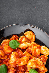 ravioli tomato sauce delicious gourmet food background on the table rustic food top view copy space