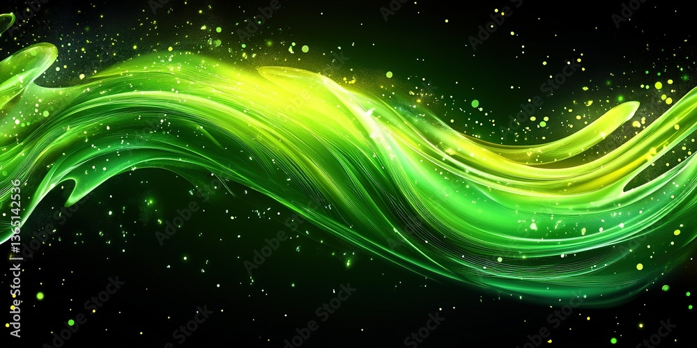 Wall mural abstract green wave with luminous particles and dynamic motion