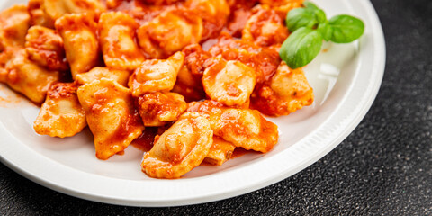 ravioli tomato sauce delicious gourmet food background on the table rustic food top view copy space