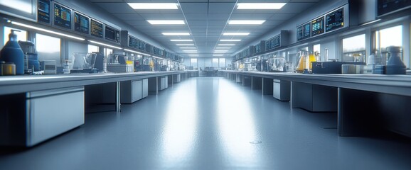 Fototapeta premium Modern lab interior; long, clean workspace with equipment