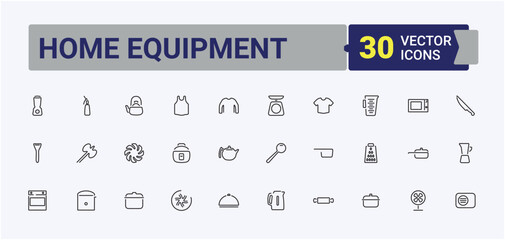 Home Equipment icon set in linear style. Includes thin line symbols washer, kitchen, domestic, cook and more. Household Appliances icon. Editable vector art and illustration.