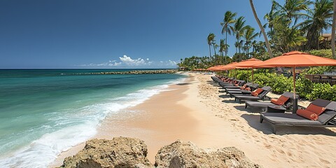 Relaxing beachside retreat with lounge chairs and umbrellas along the tranquil ocean shore