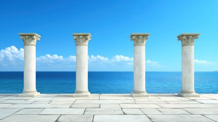 Fototapeta premium Classical Columns by the Azure Sea: A Serene Coastal Vista