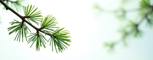 Dark green pine branch with long needles against bright white backdrop , backdrop, fir