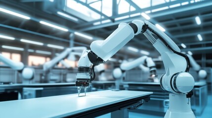 Fototapeta premium A futuristic robotics facility where robotic arms are assembling autonomous robots for automated packaging lines, AI-driven systems ensuring precise sorting and assembly, High-tech style