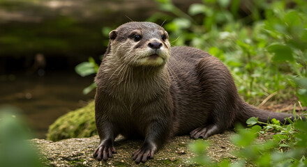 Charming oriental small-clawed otter resting on a mossy rock near a stream