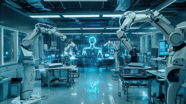 A futuristic robotics lab where multiple robotic arms are assembling humanoid robots with advanced AI processors, glowing interface panels displaying real-time diagnostics, High-tech style