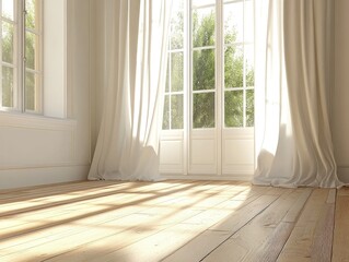 Fototapeta premium Sunlit room with white curtains and a wooden floor