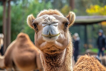 Obraz premium Close-up of a camel in the desert with a golden sunset.. Beautiful simple AI generated image