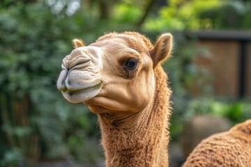 Obraz premium Closeup of a yellow-furred camel pouts in a display of its lower lip, in a zoo in Sydney, Australia. Beautiful simple AI generated image