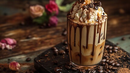 A coffee caramel milkshake with frothy topping and espresso beans