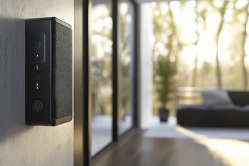 Wall-mounted speaker enhancing modern living space with natural light and comfort