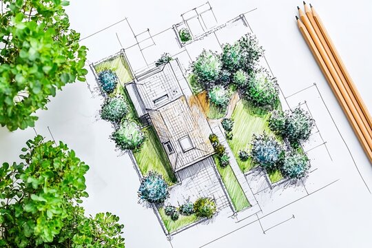 Aerial View Landscape Architectural Plan of House and Garden