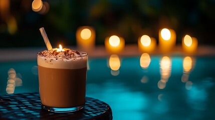 A coffee milkshake near a pool lit with flickering candles cozy twilight vibes
