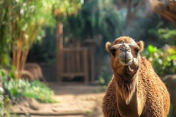 Obraz premium Close-up of a camel in the desert with a golden sunset.. Beautiful simple AI generated image