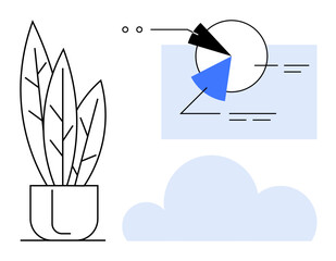 Potted plant with tall leaves, pie chart with blue and black segments, dotted lines, and cloud shape. Ideal for nature, eco, data, technology growth balance sustainability. Flat simple metaphor