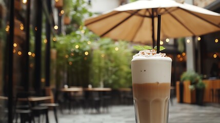 A coffee milkshake under a rustic umbrella in an industrial cafe courtyard