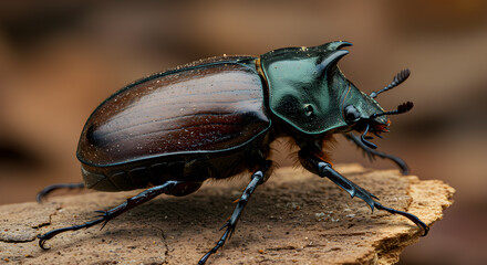Close-up portrait of a diabolical ironclad beetle with textured surface details