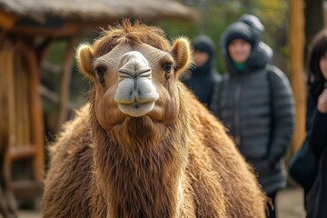 Obraz premium Camel drinking water in close-up.. Beautiful simple AI generated image