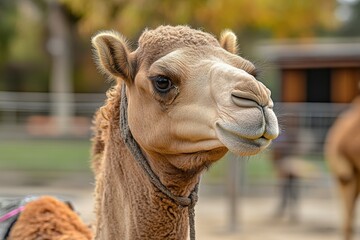 Obraz premium Portrait of Bactrian camel in a zoo. Hairy brown funny camel with open mouth outdoor close-up. Beautiful simple AI generated image