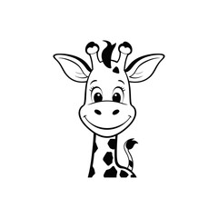 A black and white vector silhouette of a baby giraffe standing with a curious expression on a white background