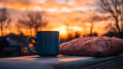 A coffee mug on a lounger with hert shaped pillow sunset skies glowing warmly in the background