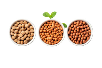 Trio of bowls with peanuts and green leaf on black background, cut out