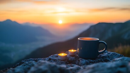A coffee mug sitting on mountain peak during sunrise overlooking the valley with candles light decoration