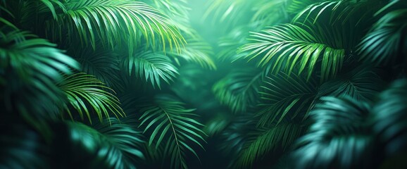 Lush, vibrant green foliage creates a tropical paradise. Deep shadows and highlights add depth
