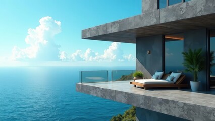 Fototapeta premium Oceanfront Relaxation Modern Architectural Design Balcony with Daybed and Tranquil Sea View