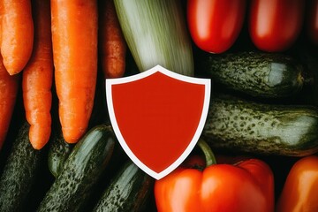 Fresh vegetables with red shield emblem for health and safety concept