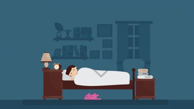 2d Animated illustration Scene Of Boy Sleeping In Bedroom, Alarm Sets Off, Stops Alarm, Wakes Up From Sleep, Gets Up From Bed.