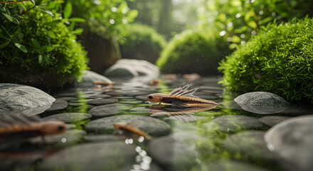 Captivating salamander larvae, submerged in a tranquil freshwater stream habitat