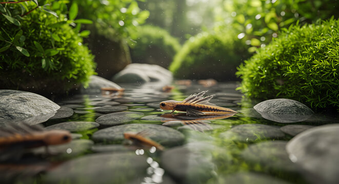 Captivating salamander larvae, submerged in a tranquil freshwater stream habitat