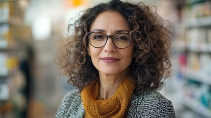 Portrait of Middle-Aged Woman with Curly Hair and Glasses, Standing in Pharmacy 