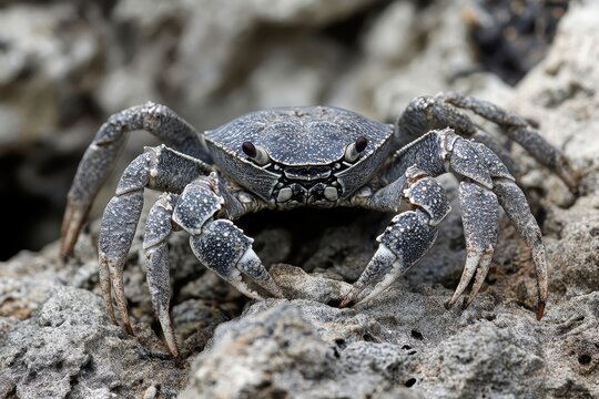 Sharp-clawed coconut crab crawling along a rocky shore
