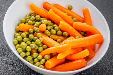 Green peas and carrot canned food tasty fresh delicious gourmet food background table rustic food top view copy space keto and paleo diet vegetarian and vegan food