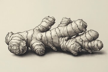 Fototapeta premium Detailed illustration of ginger root on a neutral background, showcasing its intricate textures and shapes