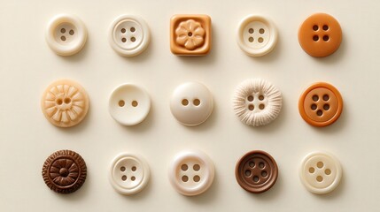 Obraz premium Assorted buttons in various shapes, sizes, and colors arranged on a neutral background