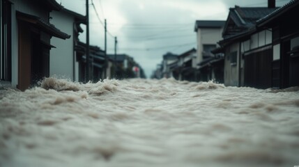 Severe flooding in urban street surges through neighborhood amidst heavy rainfall