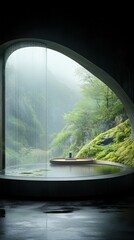 Serene pool nestled in lush greenery, viewed through a curved window