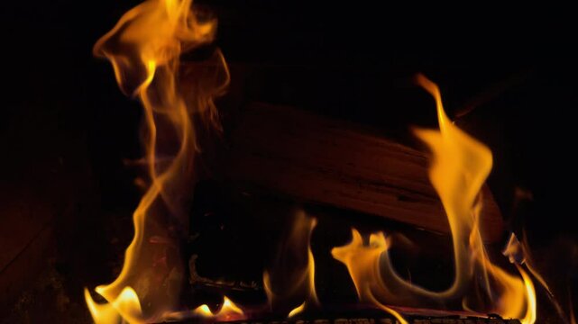 Wooden chops burn in bonfire. slow motion. close up.