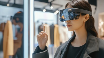 A high tech AI powered augmented reality shopping assistant, customers interacting with virtual try-ons and product recommendations using AR glasses, Retail tech style