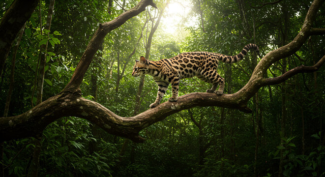 Agile margay gracefully traversing a tree branch in dense tropical rainforest