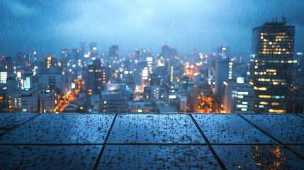 Rainwater Dripping from Empty Balcony Overlooking City, Urban Rain Scene